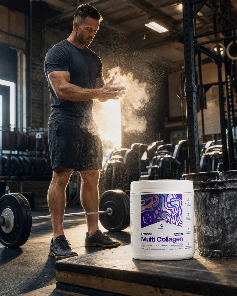 A lifter claps chalk between sets next to a tub of Fortified Multi Collagen