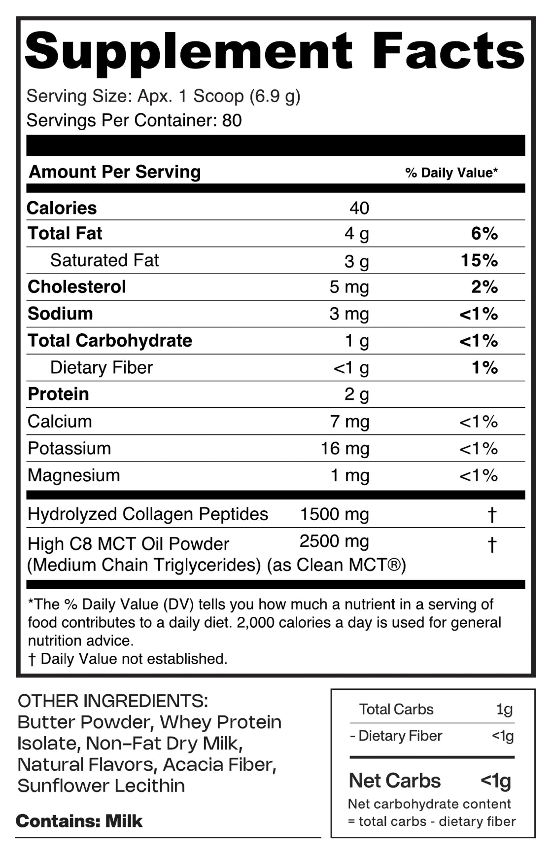 Grass-Fed Creamer Original facts panel, as printed on the label
