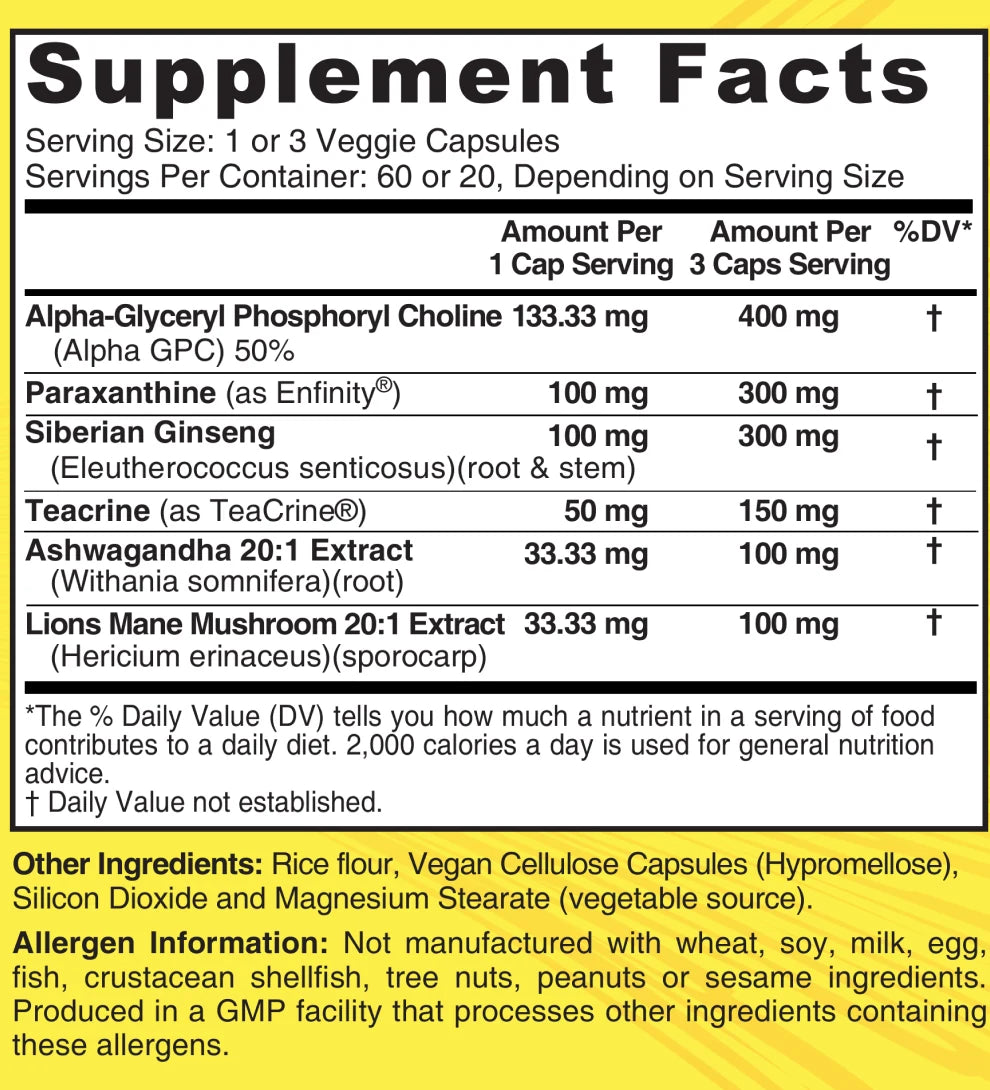 Biohack Mind 60 capsules facts panel, as printed on the label
