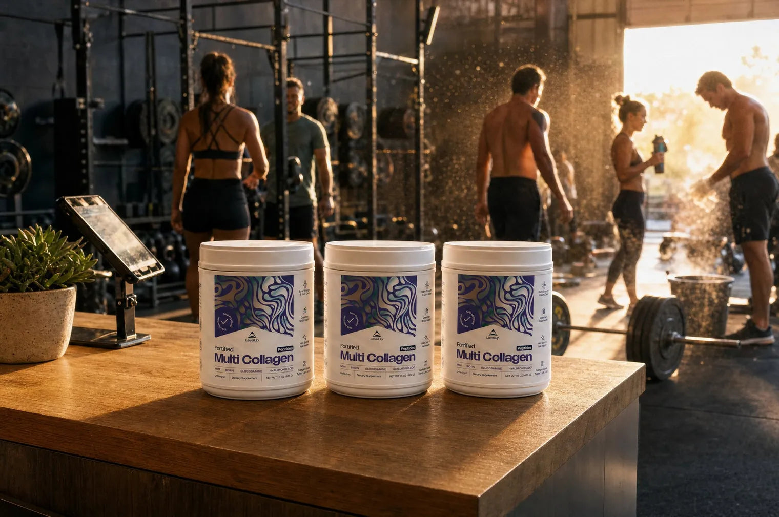 Three tubs of Fortified Multi Collagen on a gym's front desk at golden hour