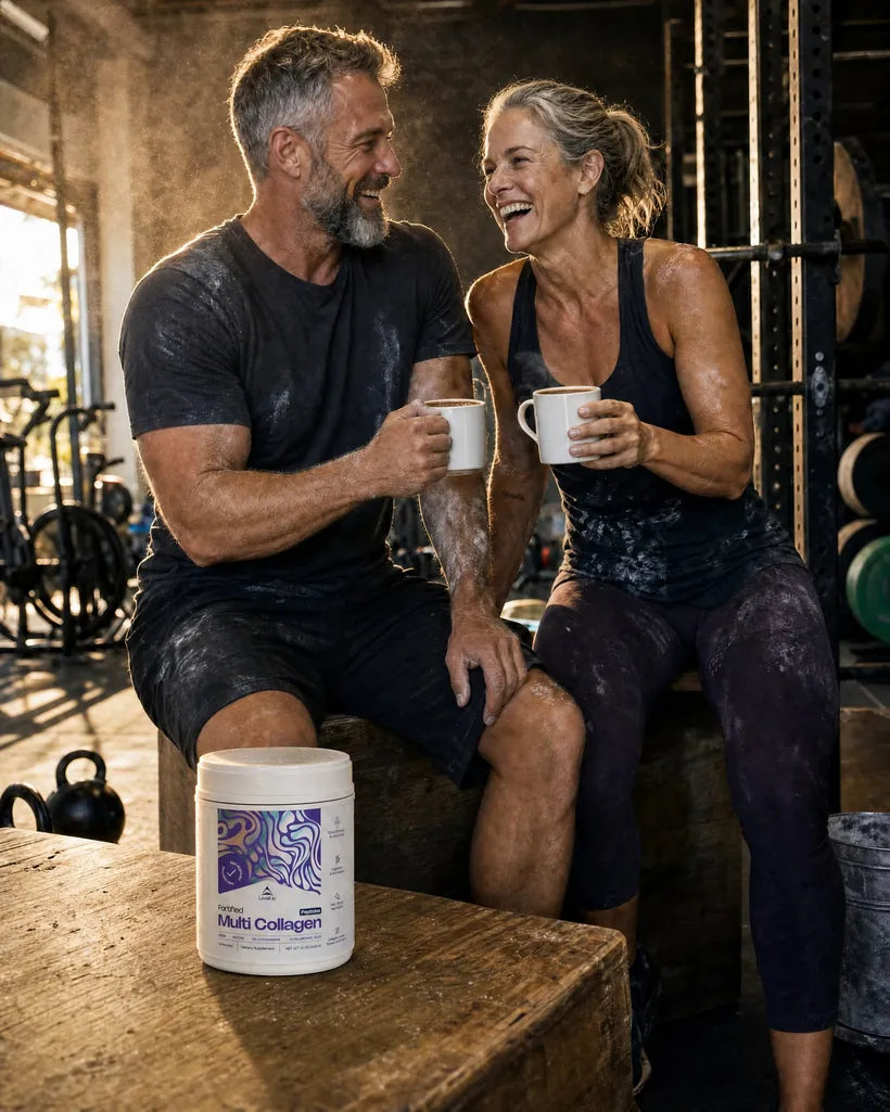 A Masters couple shares coffee after class with a tub of Fortified Multi Collagen