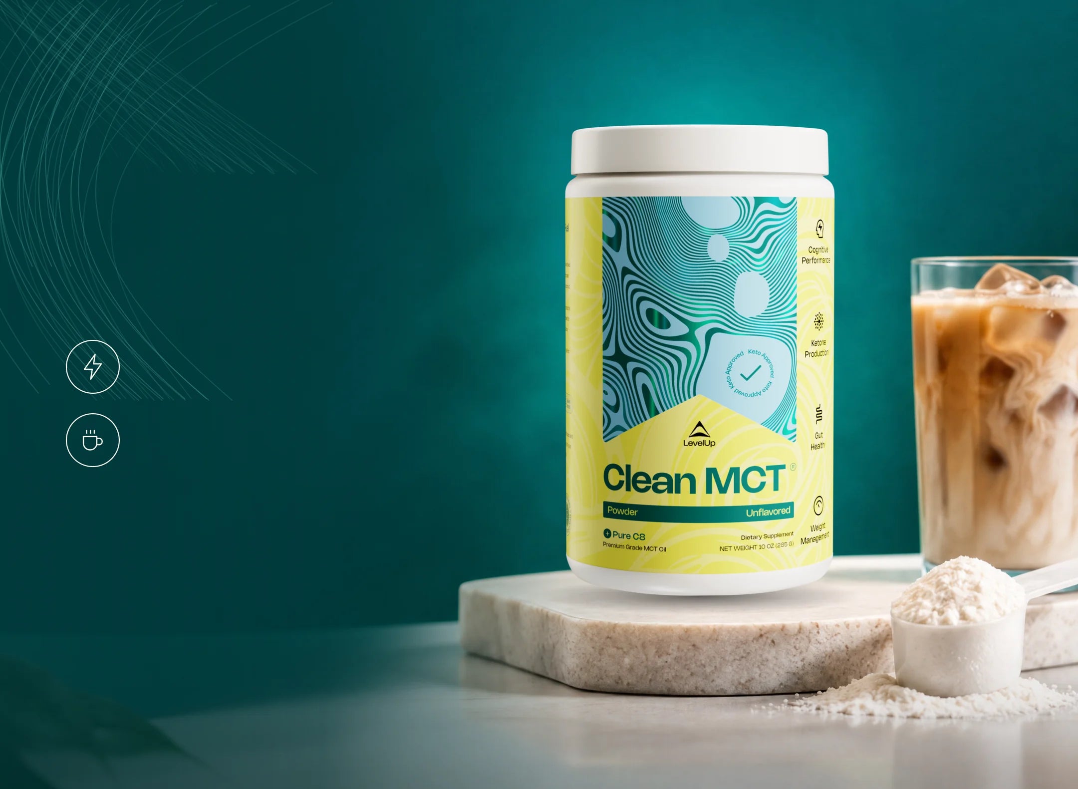 Clean MCT Powder tub with an iced coffee