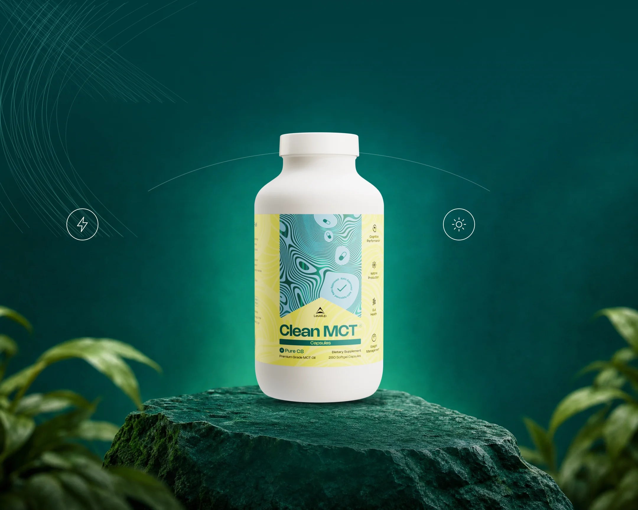 Clean MCT Softgels bottle on a stone plinth