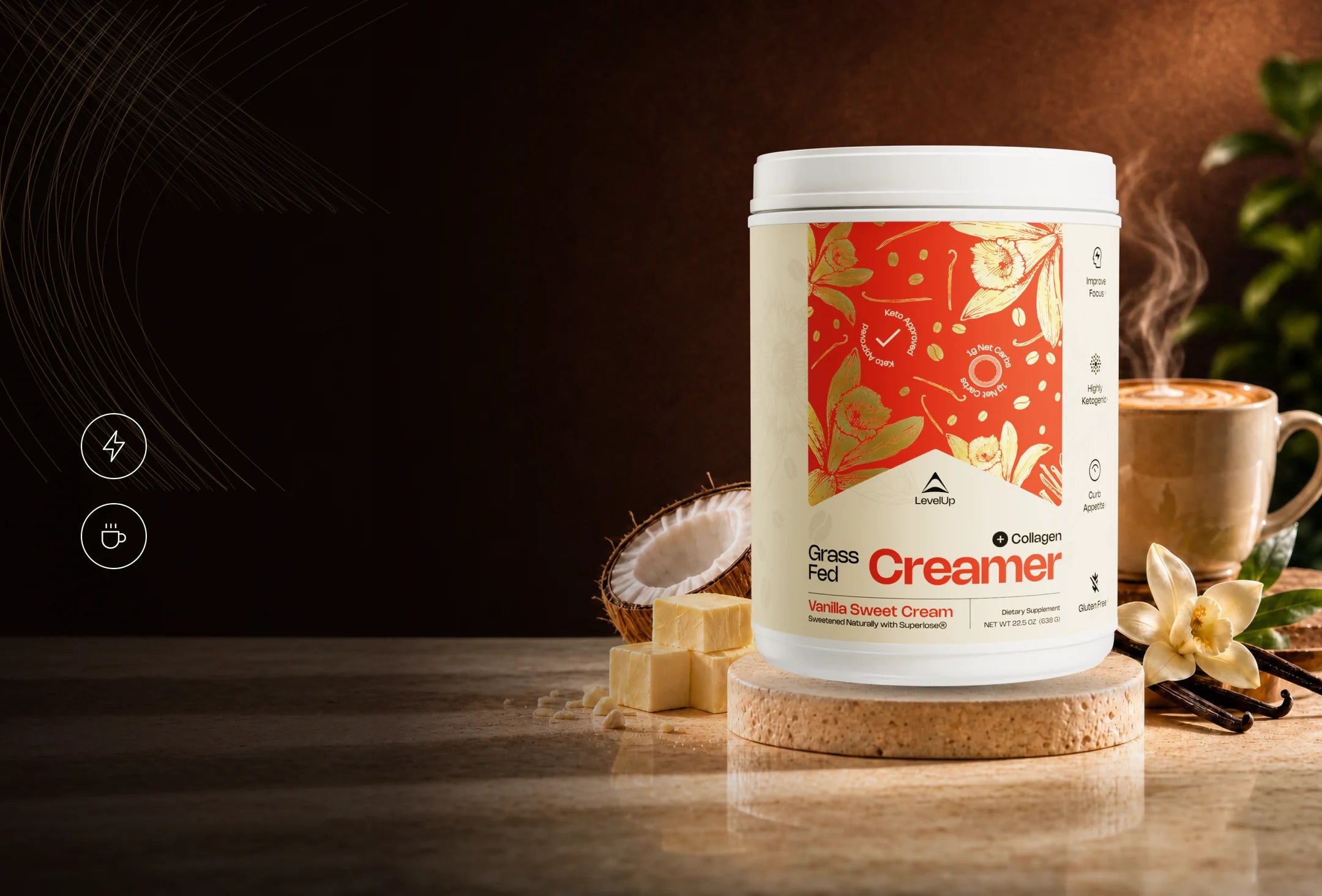 Grass-Fed Creamer tub beside a coffee