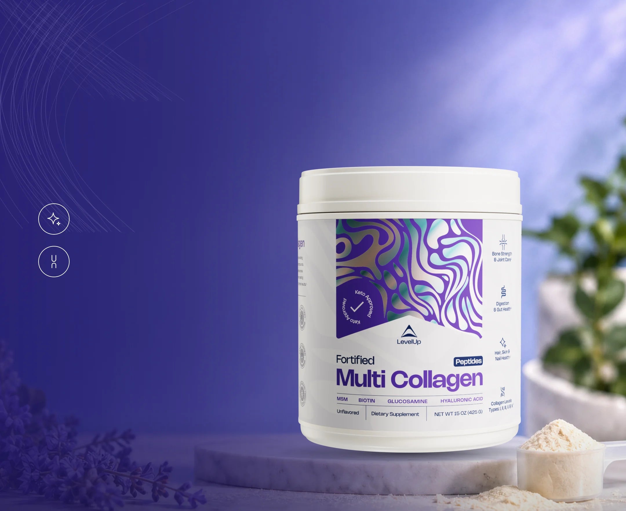 Fortified Multi-Collagen tub with lavender and a scoop
