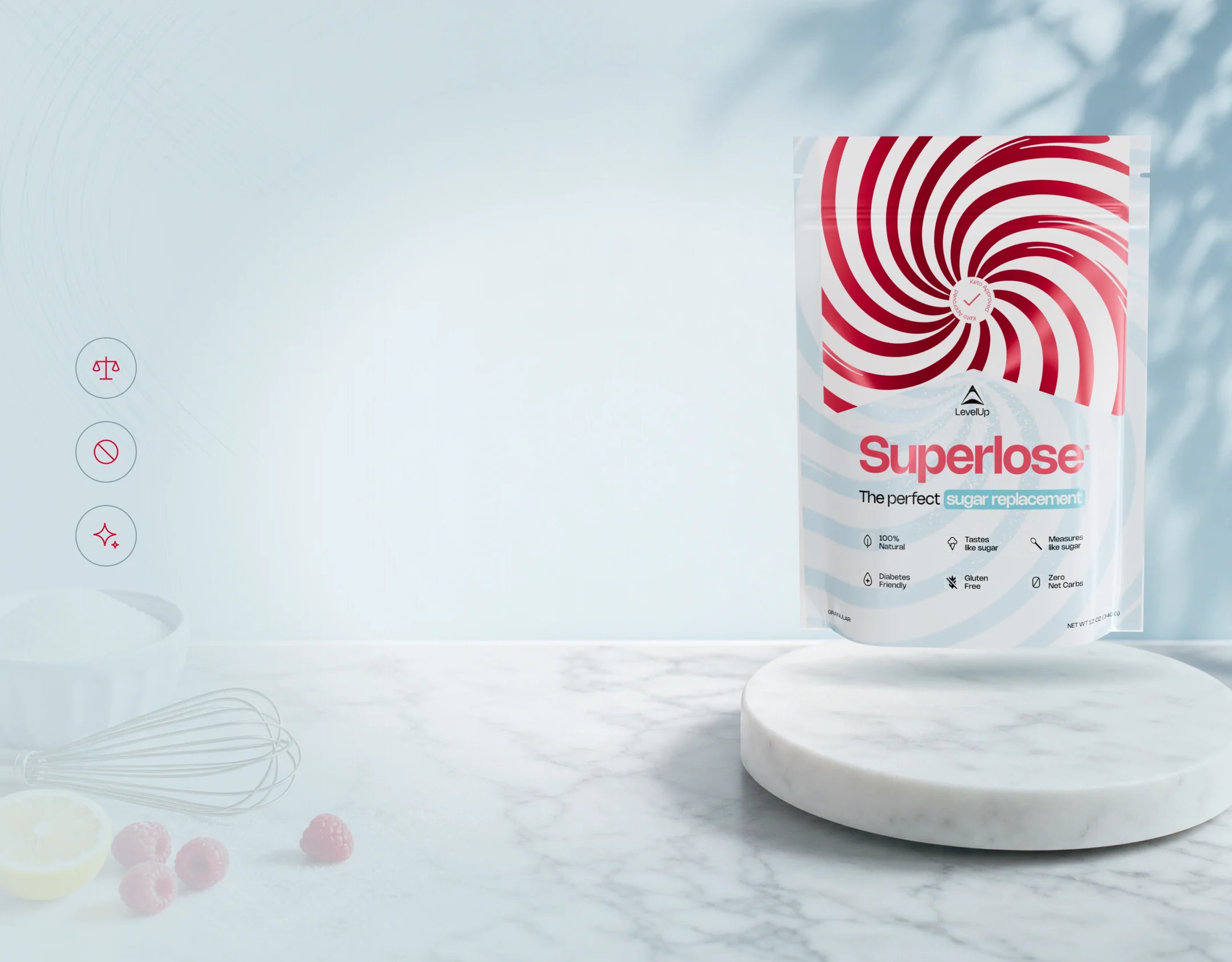 Superlose pouch on a marble counter