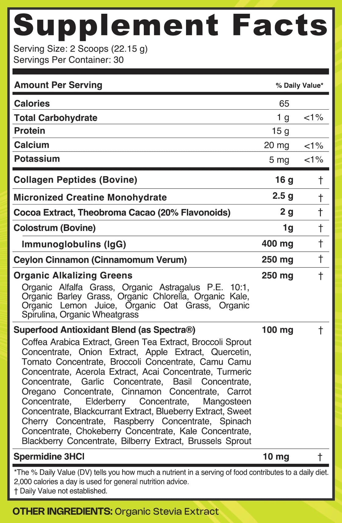 Biohack Ageless Dark Chocolate Cinnamon facts panel, as printed on the label