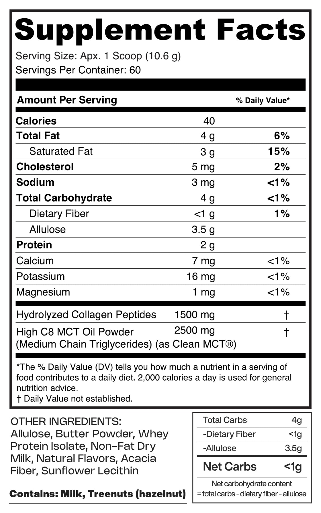 Grass-Fed Creamer Chocolate Hazelnut facts panel, as printed on the label