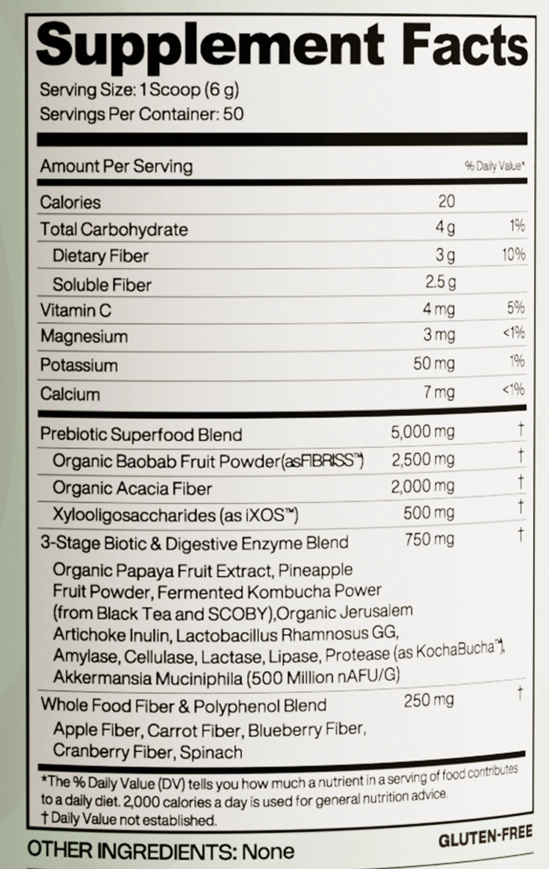 GLP Superfood Unflavored facts panel, as printed on the label